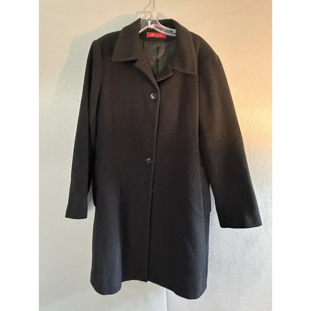 Anne Klein Coat Womens 16 Black Wool Single Breasted Collared Mid Length Lined